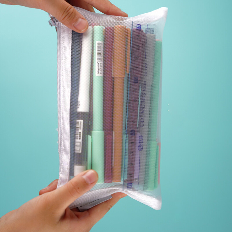 【ZNBY】Simple large-capacity transparent mesh pencil case Portable pencil case Pen case Large-capacity stationery bag