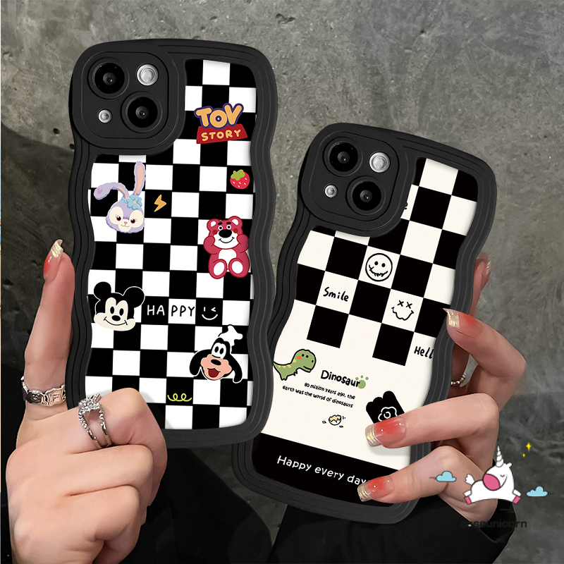 Oppo A57 A54 a17k A78 A58 A95 A17 A15 A16 A96 A7 A74 A12 a16s A5S A55 A76 a1k A77 A3S A5 A9 a16k a77s A53 A52 RENO 8t 8 5F 7Z 6 bàn cờ dễ thương khủng long hoạt hình cười cạnh lượn sóng vỏ mềm