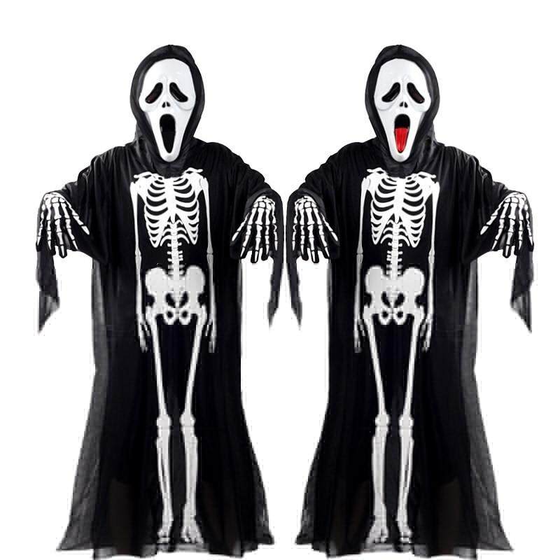 Full Set 100-180CM Height Halloween Skeleton Ghost Cosplay Costumes Adult Children Horror Costumes Skeleton Clothes+Devil Mask+Skeleton Gloves(Optional)