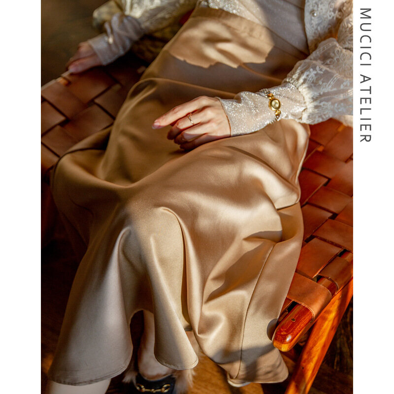 (Clearance) Alisa Sonya French Style Silky Satin Skirt for Women Retro Elegant High Waist A line Fashion Women Skirts Outfit