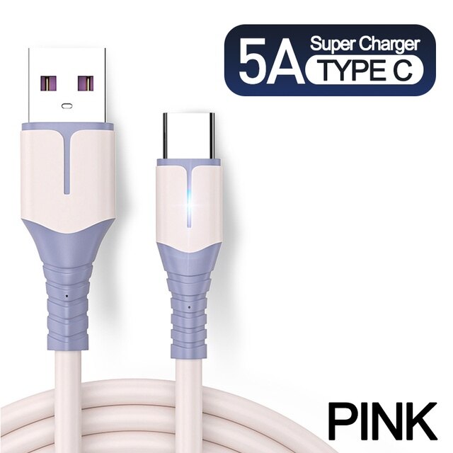 5A Type C Candy Color Liquid Silicone Super Fast Charging Cable with Indicator Quick Charger Mobile Phone Data Cable