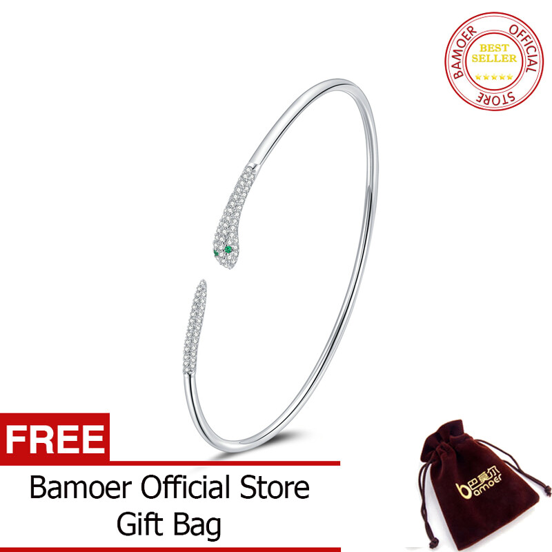 BAMOER Silver Snake Opening Bracelet 925 Sterling Silver Spirit Snake Bangle Bracelet Gift for Women Engagement Jewelry SCB206