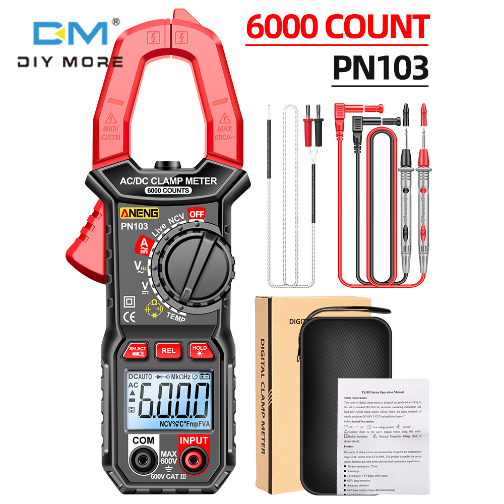 Diymore pn103 6000 maximum flow/temperature measurement 600a ac/dc digital clamp meter autoranging trms ac/dc volt/current continuity frequency capacitance ncvt temp