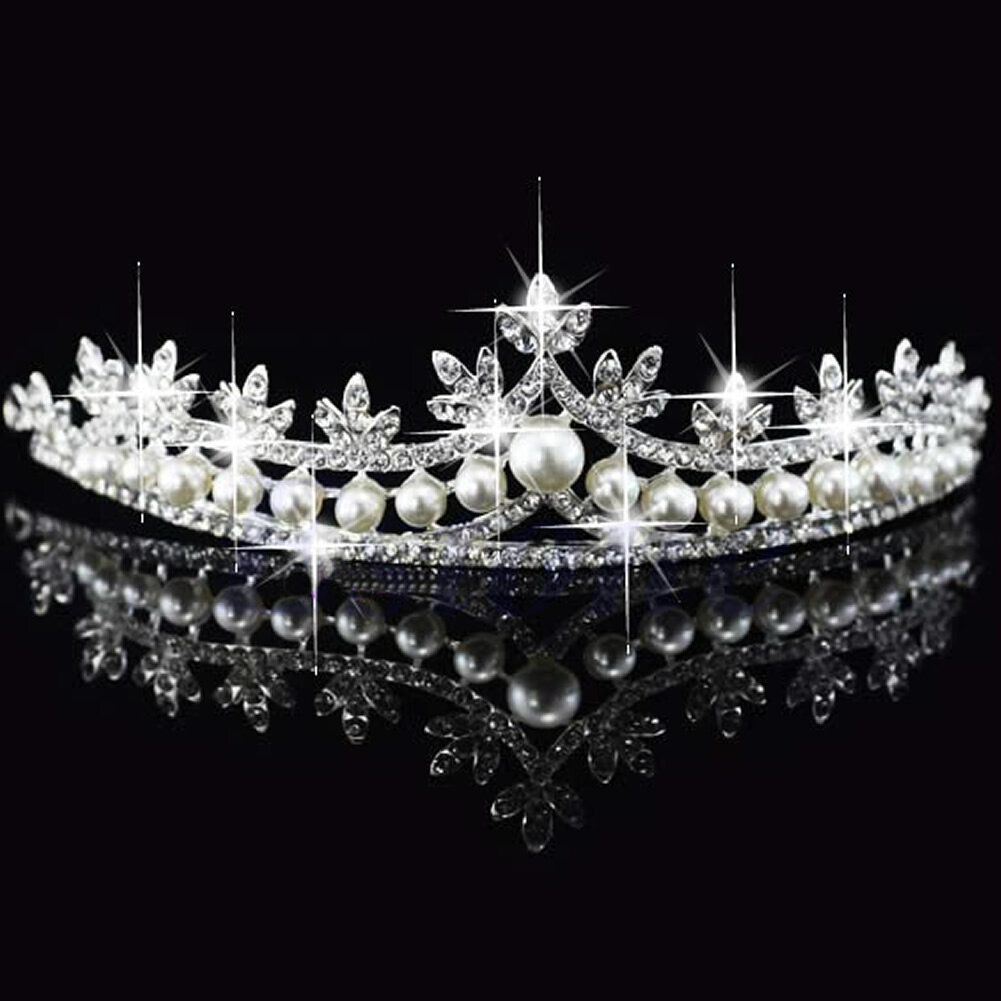 Bridal Princess Rhinestone Pearl Crystal Hair Tiara Wedding Veil Headband Crown