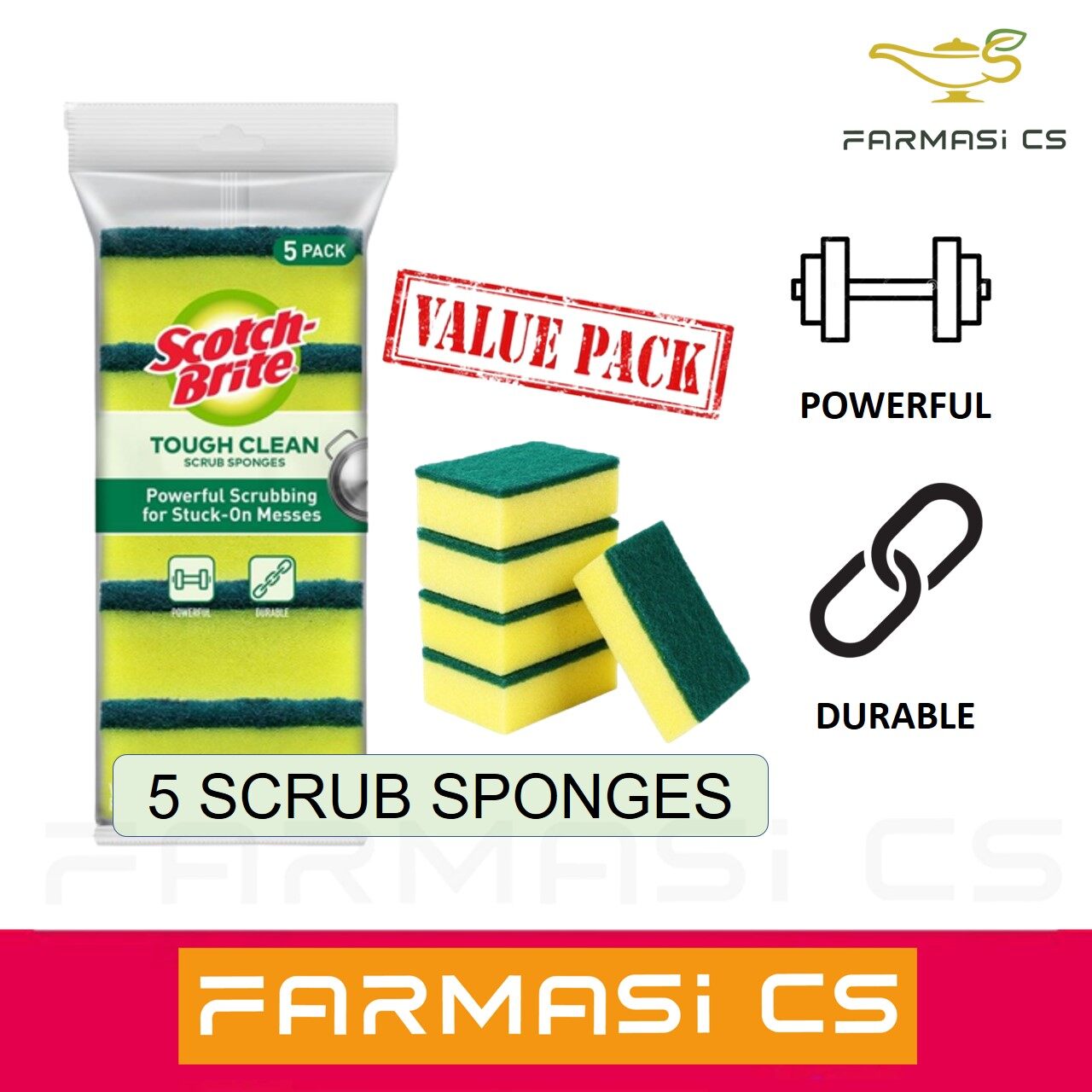 3M Scotch Brite Tough Clean Scrub Sponges Value Pack 5 Pieces [ 3x