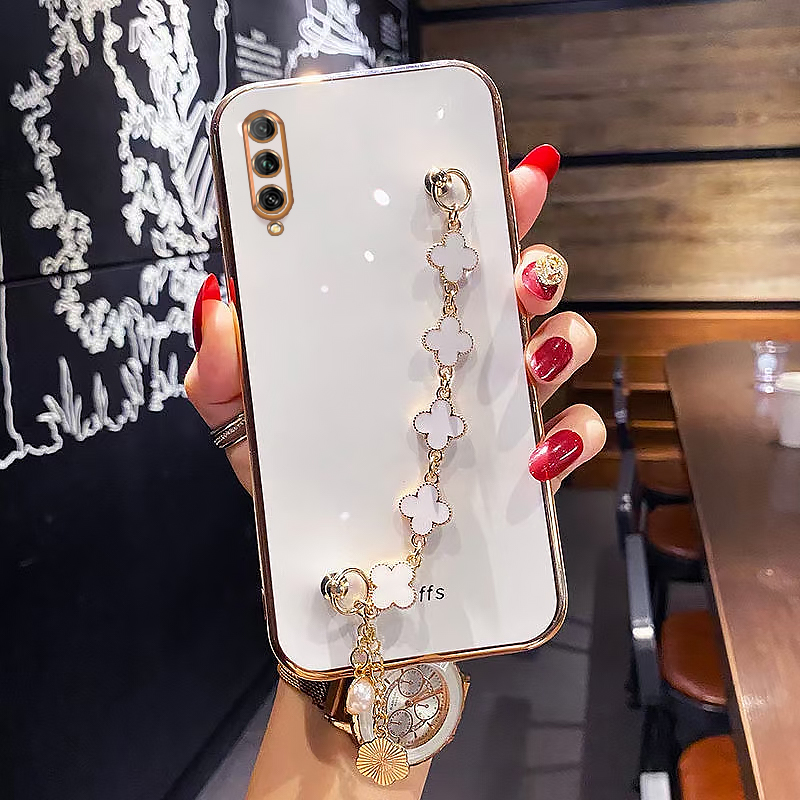 AnDyH Straight Edge Plating Phone case For Huawei Y9S casing,Precise Camera Protection cases Cute girl style cover with Four leaf clover bracelet
