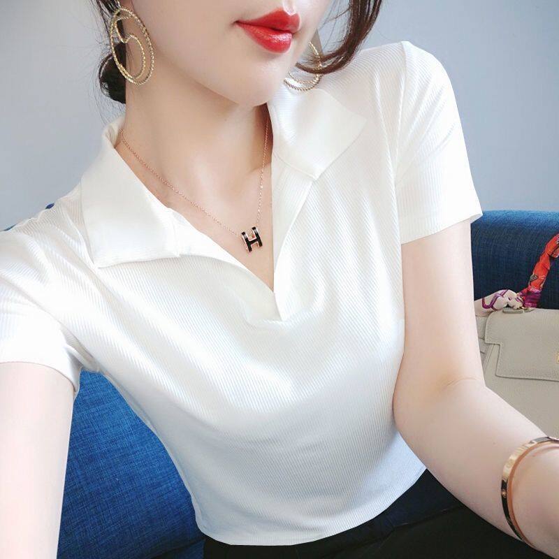 Áo Thun Ngắn Tay Bằng Lụa Lạnh Mới Mùa Hè 2021 Áo Khoác Mặc Lót Cổ POLO Học Sinh Hàn Quốc Dáng Rộng Cỡ Lớn Cho Nữ