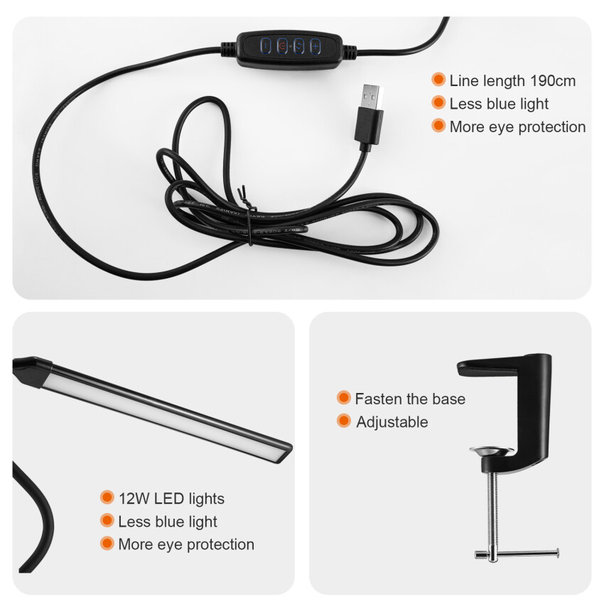 Toolour LED Desk Lamp With Clamp, Swing Arm Desk Light With Touch Control, Wide Coverage Area Table Light, Eye-Care Architect Task Lamp, 3 Modes 10 Brightness, Adaptor Powered Table Lamp For Student