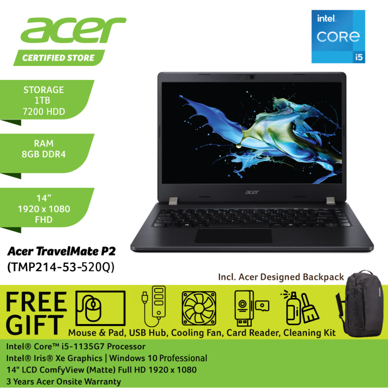Acer TravelMate TMP214-53-520Q 14 FHD Laptop Black ( i5-1135G7, 8GB, 1TB, Iris Xe, W10P ) Malaysia