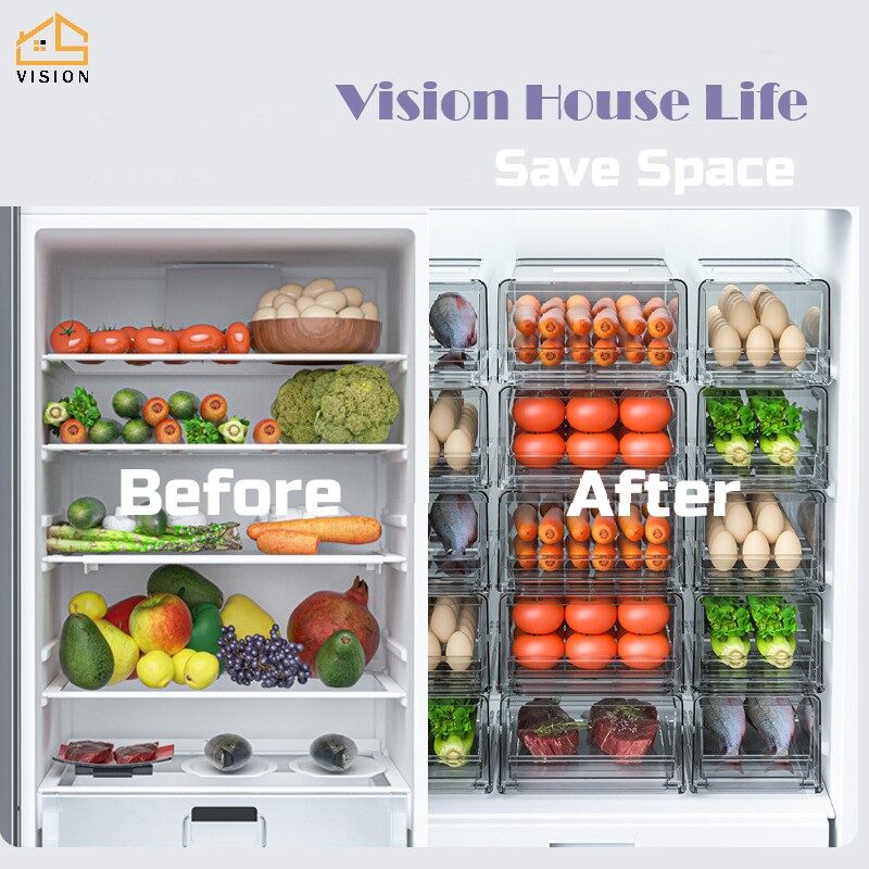 Vision Hộp Đựng Tủ Lạnh Có Thể Xếp Chồng Cho Thú Cưng Hộp Bảo Quản Tủ Lạnh Bằng Nhựa Trong Suốt Ngăn Kéo Tủ Lạnh, Hộp Đựng Đồ Thoát Nước Nhà Bếp Hộp Đựng Trái Cây Và Rau Củ Đông Lạnh