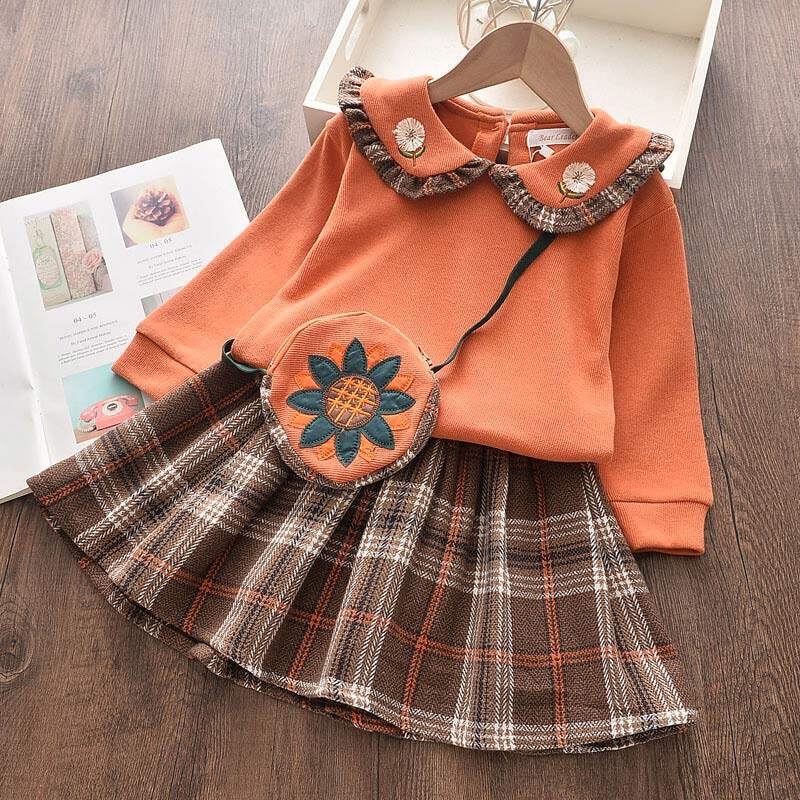 Bear Leader Kids Girl Dresses 2024 New Winter Kids Princess Dress Long Sleeve Sweet Girls Clothing Top Pullover+ Dress With Bag Vestido For Children Casual O-neck Knee-Length Pattern Children's Clothes 3-7Y