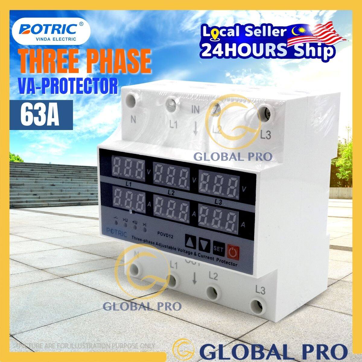 BOTRIC Three Phase Adjustable V/A Protector AC 13.9kW Power Load 63A ...