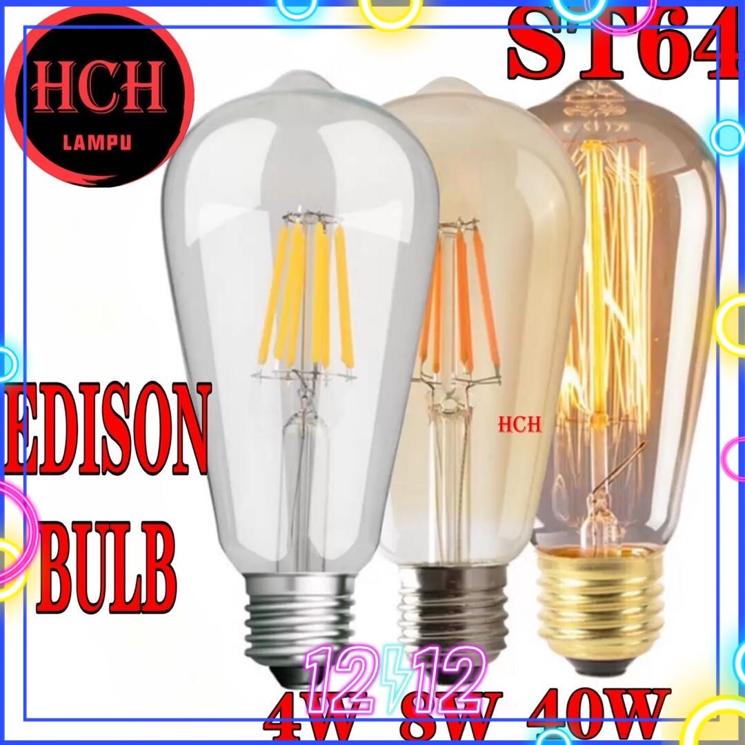 HCH LAMPU ST64 4W / 8W LED EDISON BULB / 40W DIMMABLE FILAMENT E27 ...