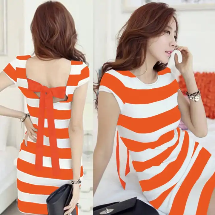 Women Dress Striped Print Cut Out Tie Bow Backless Short Sleeve Mini Bandage Sexy Casual One Piece Black E Youths Lazada Ph