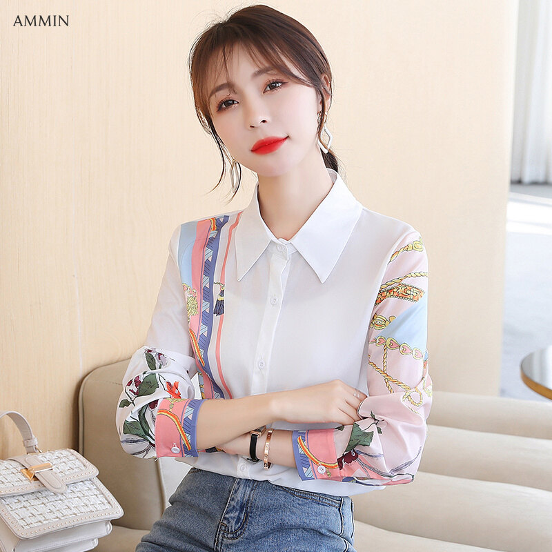 AMMIN 2021 spring new retro Hong Kong-flavored lapel cardigan white chiffon shirt ladies design sense niche long-sleeved all-match printing blouse top