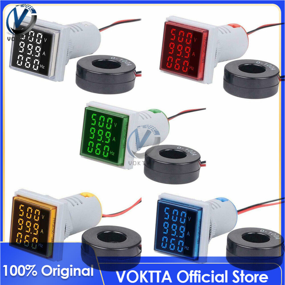 Original VOKTTA 3 In 1 Digital Voltmeter Ammeter HZ Hertz Frequency Meter 22mm Square Panel Current Voltage Indicator Tester 22mm Signal Light