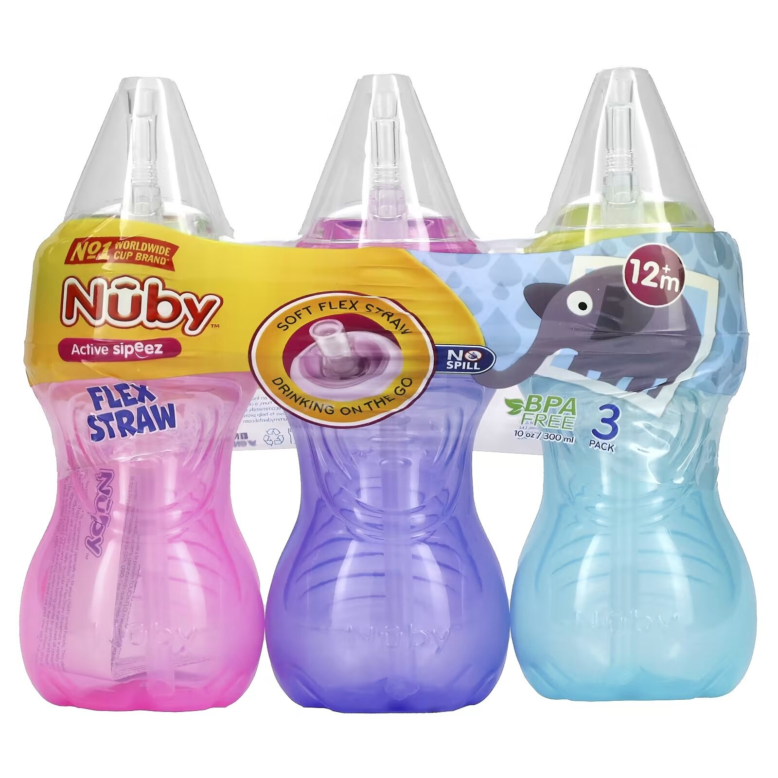 Nuby No-Spill Soft Straw Easy Grip Sippy Cup for Girls - (3-Pack) 10 Oz -  12+ Months