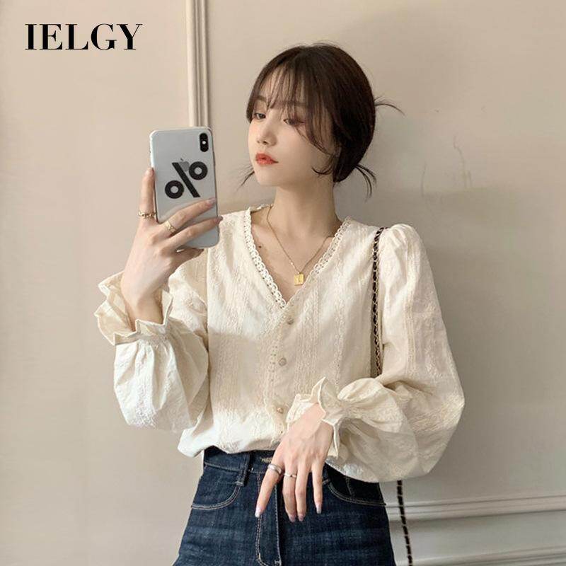 IELGY Women's clothes Gentle wind Tops Design sense Shirts All-match foreign French style Outer wear Long sleeves Solid colors