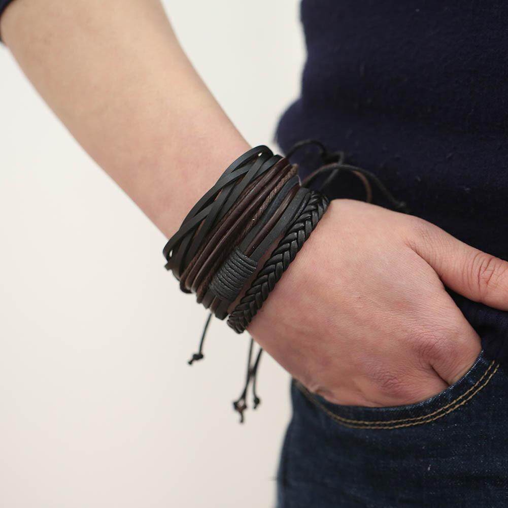1 Set Men Punk Multi-layer Weave Rope Cuff Bracelet PU Leather Bracelet Accessories