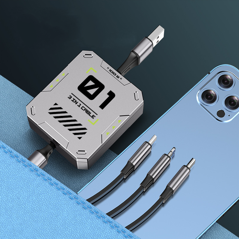 6A Super fast-charging retractable three-in-one data cable One-to-three fast-charging mecha wind charging cable