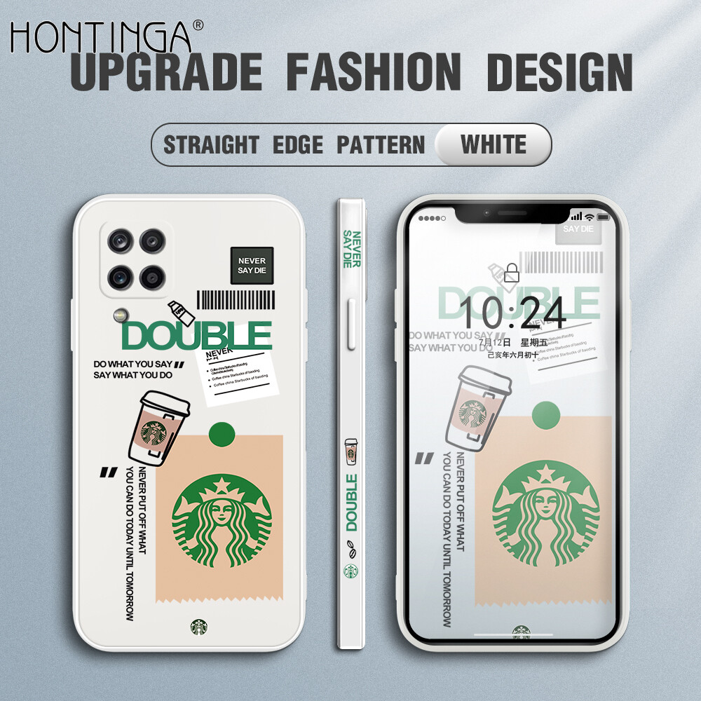 Hontinga Casing Case For Samsung Galaxy A12 M12 Case Starbucks Label Side Square Original Liquid Soft Silicone Edge Pattern Case Full Cover Camera Protection Cases Back Cover Phone Casing Softcase For Boys Girls