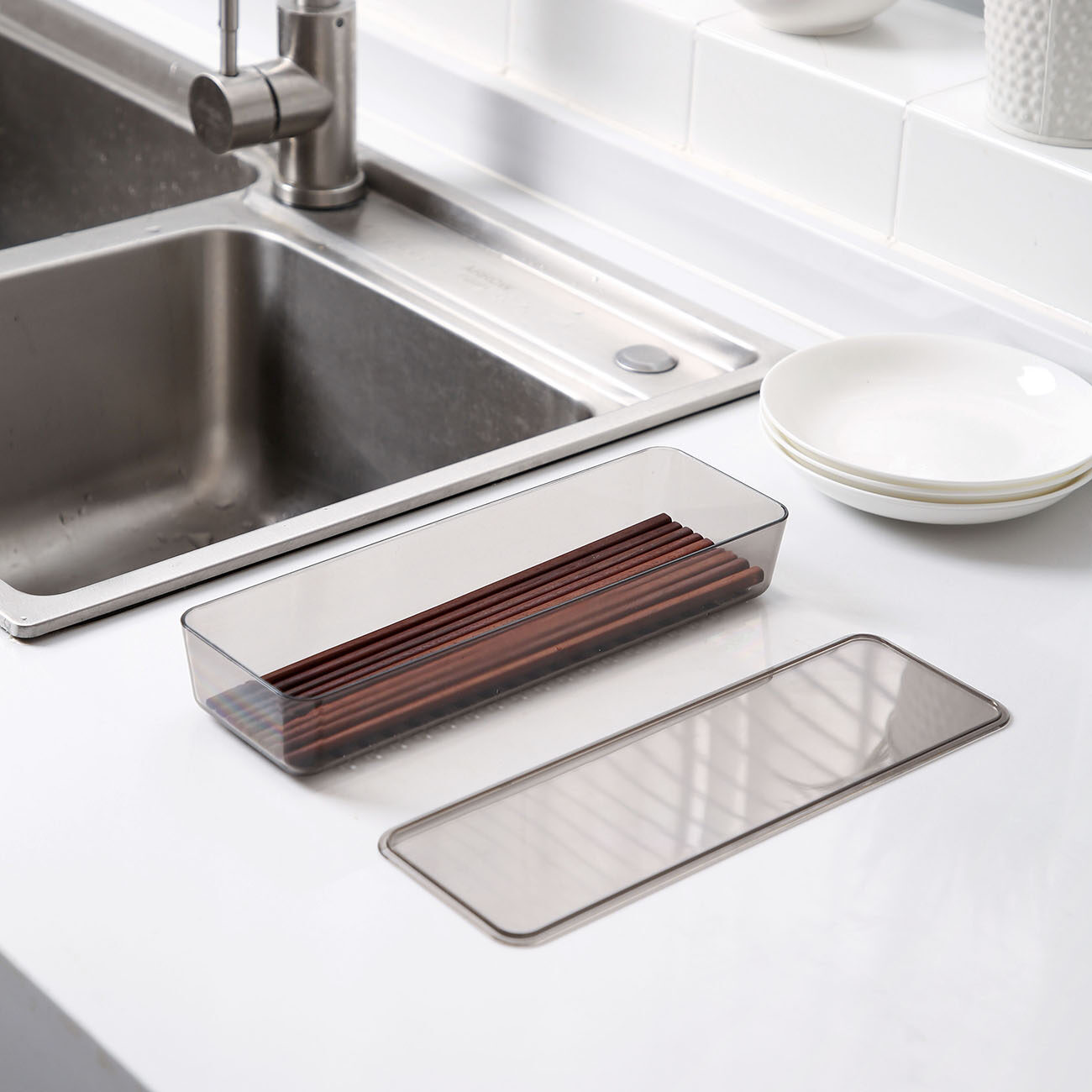 CNMF Rectangular Chopsticks Box with Cover Spoon Storage Rack Kitchen Dustproof Flatware Storage Box