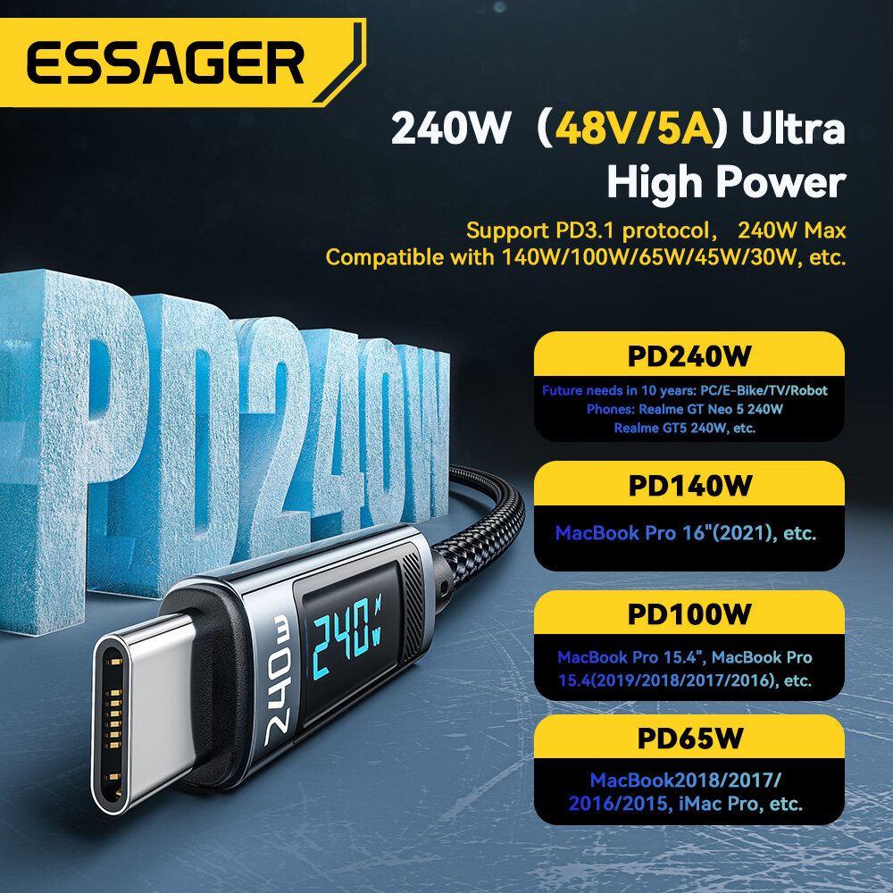 Essager PD 240W Loại C để Loại C Cáp sạc siêu nhanh 5A Sạc nhanh PD 3.1 Loại C Cáp cho iPhone 15 Xiaomi Redmi Huawei Mate 60 Pro Oneplus Samsung danh dự Oppo viv