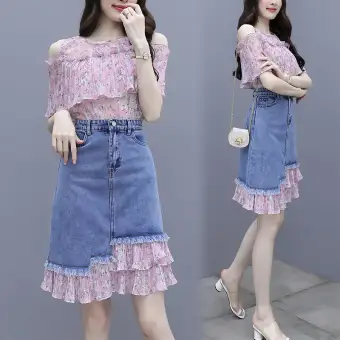 pink denim two piece set