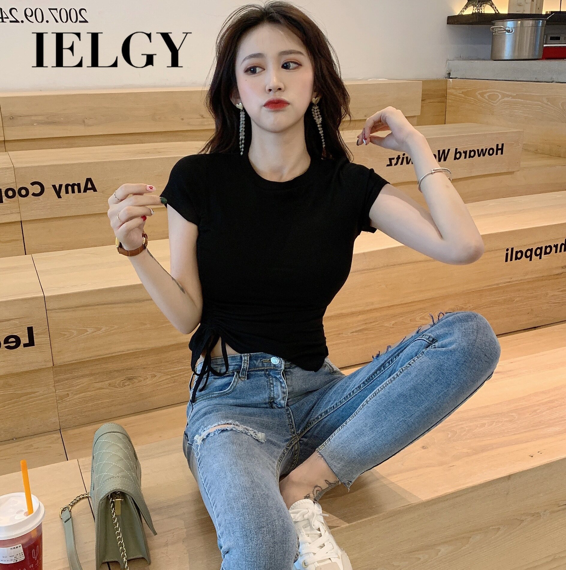 IELGY summer slim Korean round neck T-shirt tops short-sleeved drawstring irregular solid color bottoming shirt women