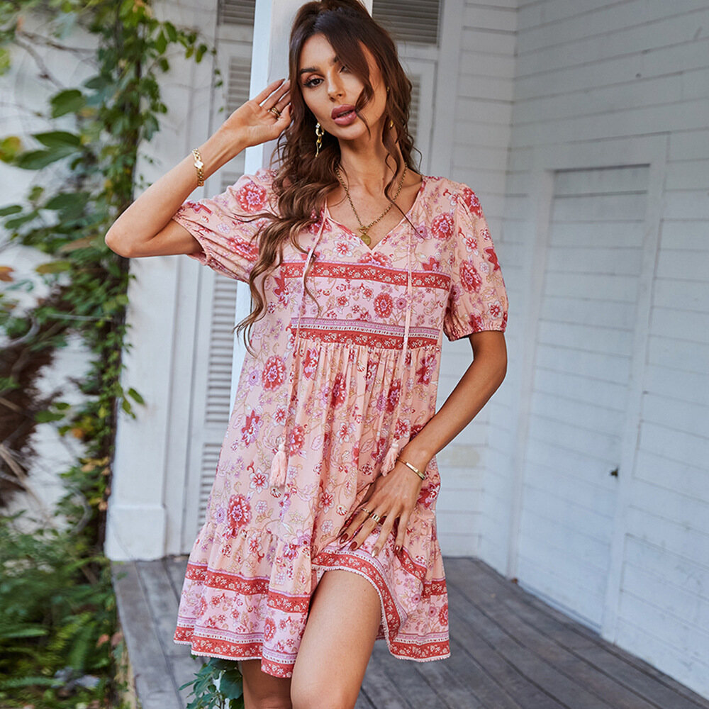 Summer Vacation Attire European And American Retro Polka Dot Dress Bohemian Style Skirt Ethnic Style Girl Temperament Is Small And Fresh