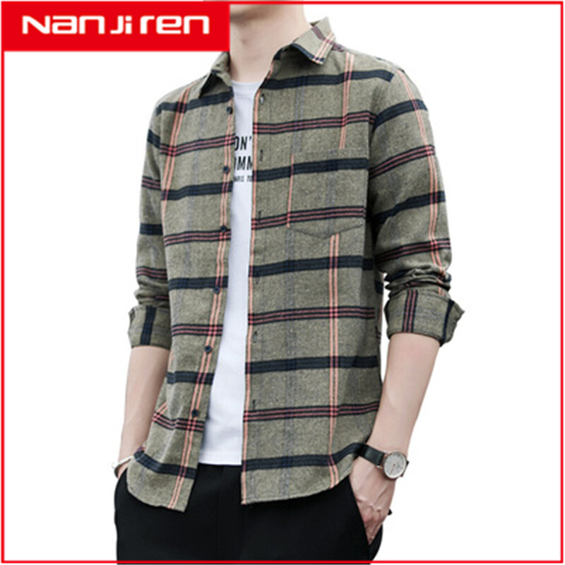 Nanjiren free shipping Youth plaid shirt male Korean version trend spring and autumn casual flower inch shirt 2019 new men's shirt