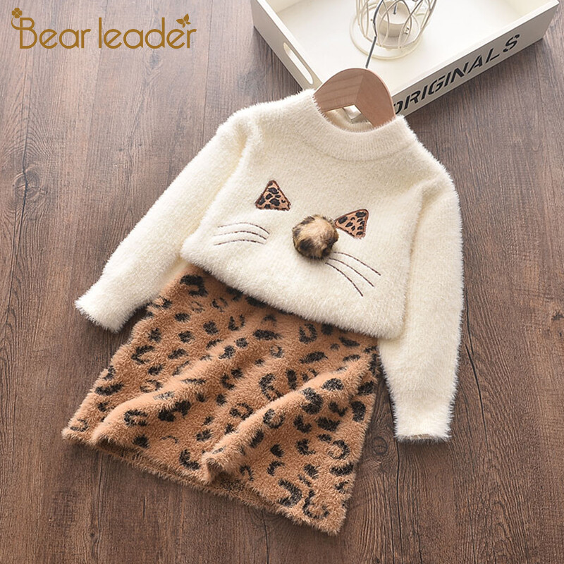 Bear Leader Girls Dresses For Kids 2024 New Autumn Winter Sweet Style Princess Dress Cartoon Sweater+ A-Line Dress Girls Dress Sets Cute Kids Children Accessories Clothing 2pcs For 2-6Y Kids Girls