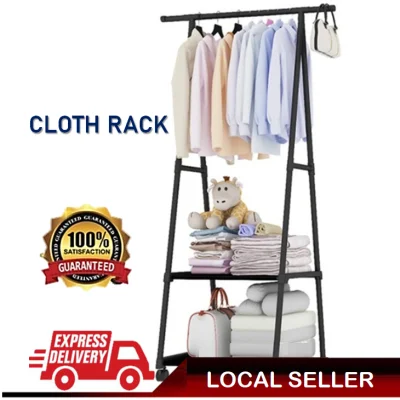3 Tier Clothes Hanging Rack Cloth Shoe Wardrobe Closet Storage Organizer Drying Shelf + Wheels Mulig Rak Penyidai Baju