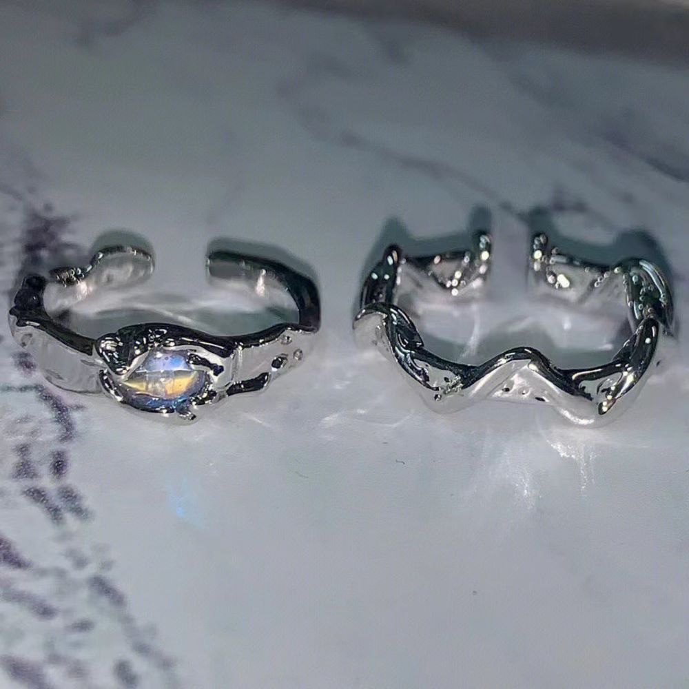2Pcs Moonstone Irregular Ring Wavy Geometric Ring For Men and Women Versatile Opening Adjustable Couple Rings Jewelry Gift