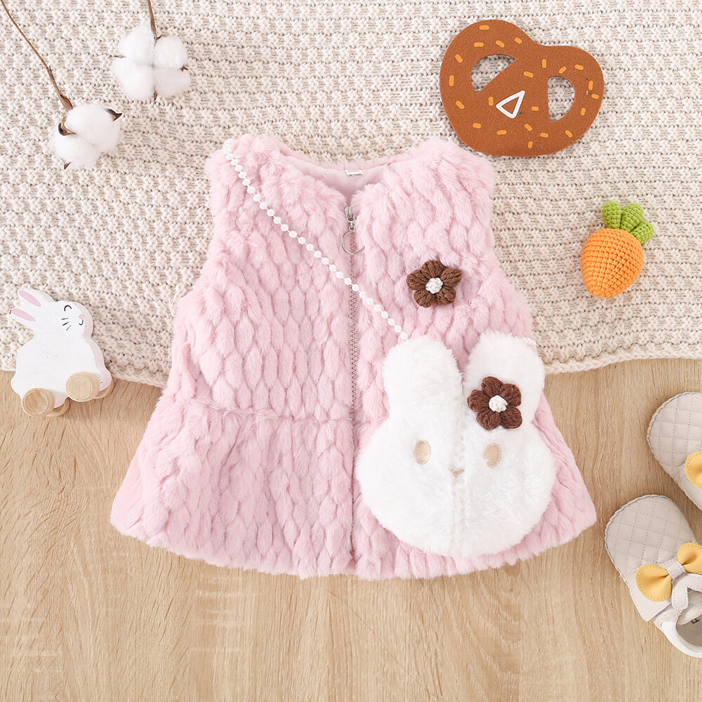 Baby Girls Vest Jacket Cute Rabbit Crossbody Bag Girls Vest Plush Flower Warm Vest Jacket For Baby Girls (0-3 Years Old)