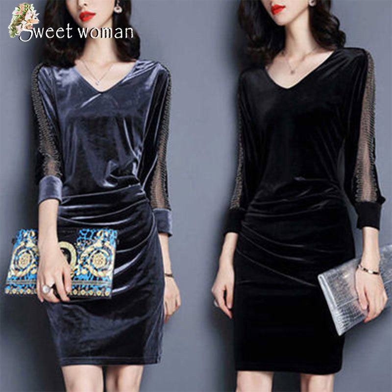【SW】2020 temperament high-end mid-length autumn and winter thick dress long-sleeved gold velvet dress