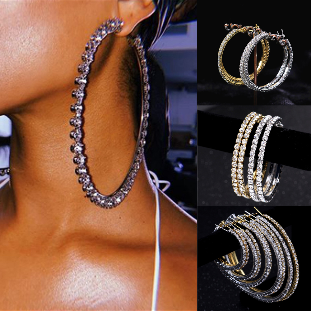 Women Silver Gold Round Circle Big Rhinestone Drop Earrings Crystal Hoop Earrings Dangle Jewelry Ear Stud