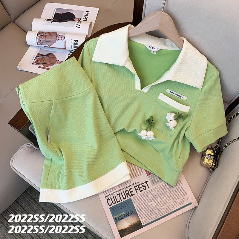 2Pc Pink Casual Sweater Suit Women's Summer New Fashion Sports Short Skirt Two-piece Fashion Tops Skirt Set