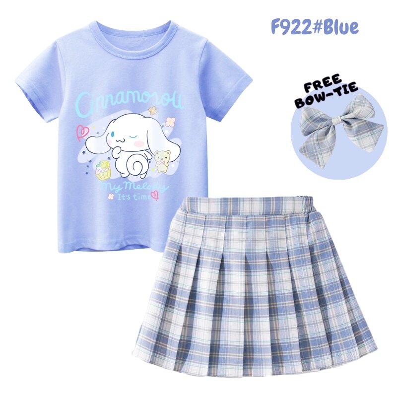 Graceful Girls Sets with Cartoon Melody and Kuromi 100% Cotton T-shirt And JK Dress Plaid Skirt 2pcs with Free Bow Tie