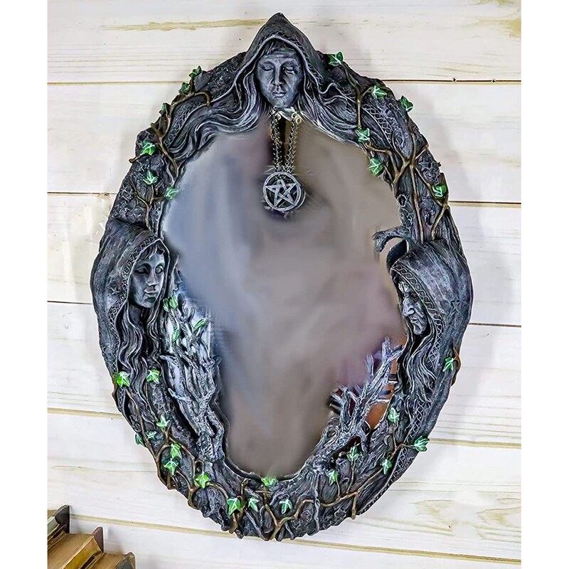 Triple Moon Goddess Wall Mirror Trinity Wall-Mounted Mirror with Five-Pointed Retro Hanging Mirror