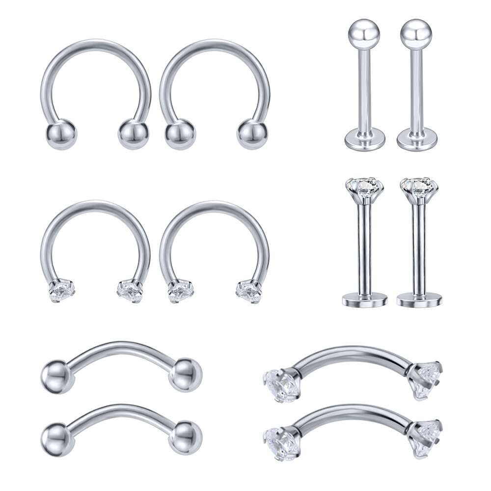 12 Pcs/lot Stainless Steel Nose Rings Crystal Labret Rings Eyebrows Lip Piercings Helix Tragus Piercings Septum Clickers Body Piercings Jewelry