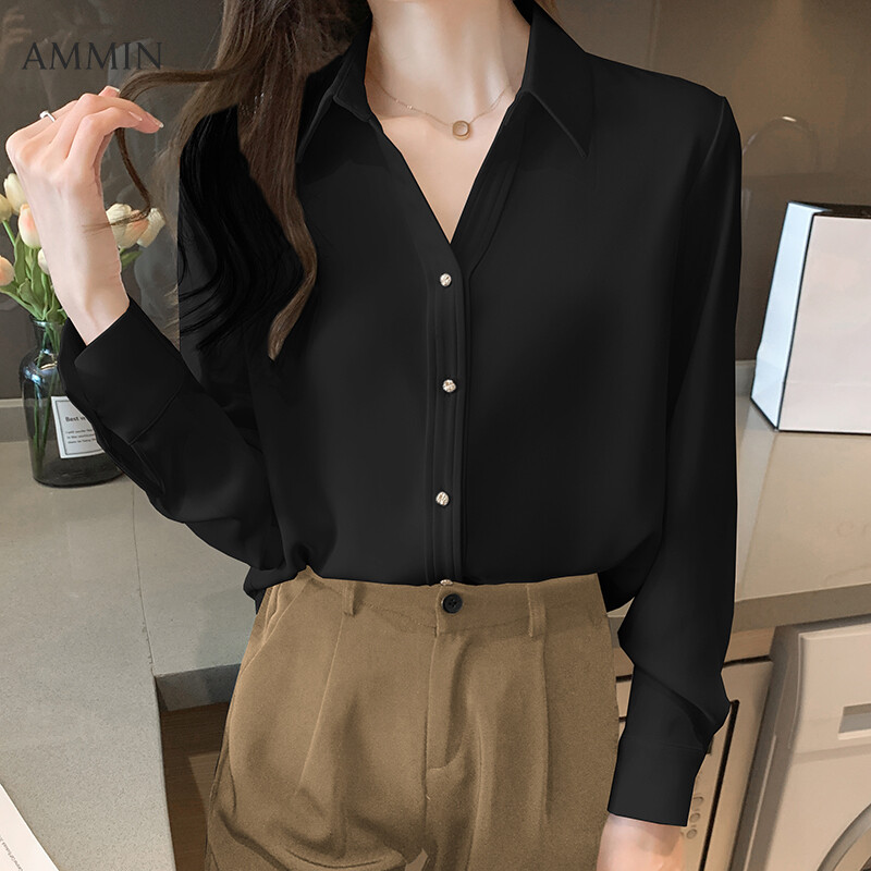 AMMIN Satin Silk Long Sleeve Shirt For Women Loose Temperament Vertical Top Lady Metal Button Fashion Thin Chiffon Blouse