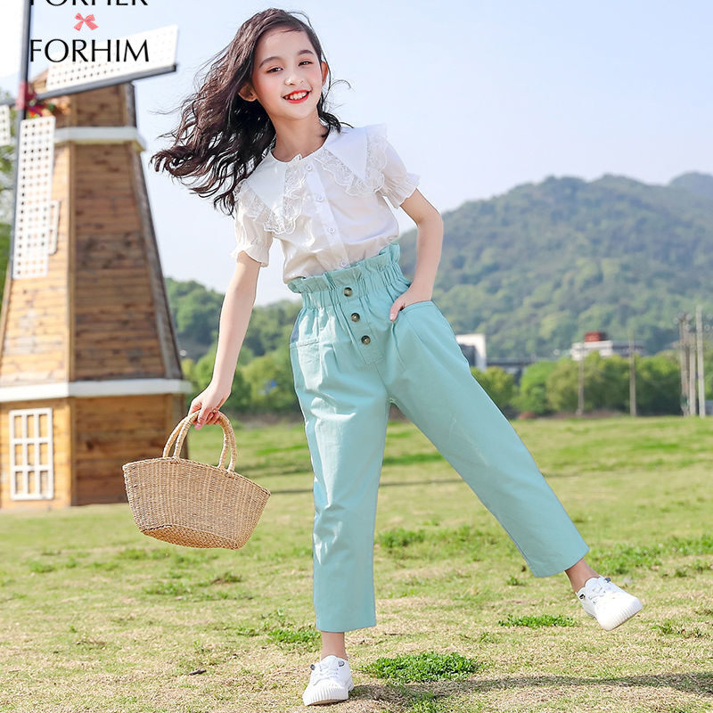 FORHER FORHIM 2PCS Girl's Suit Girls summer suit web celebrity cuhk child the new western style  children fashionable girl leisure two-piece with short sleeves FH0783