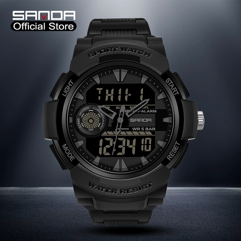SANDA New Listing Original Men Watch Multifunction Dual Display LED Luxury Digital Electronic Men Watch Fashionable Waterproof Swimming Clock Chronograph Men's Watch