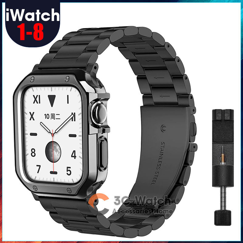 Dây Đeo Bằng Thép Không Gỉ + Ốp Silicon Cho Apple Watch Vòng Tay Kim Loại 44Mm 40Mm 42Mm 38Mm 41Mm 45Mm, Cho I Watch Series 8 7 6 SE 5 4 3 + Công Cụ