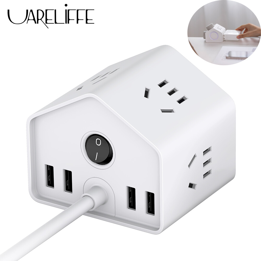 Uareliffe Power Strip Unique Design 4 USB Port Cute Portable Chargers 4 Sets Of 3+2 Combo Socket With Soft Light Ring Multiple Security Protection Independent Switch Control Socket Plug Save Space Mini Travel Socket Plug Strip