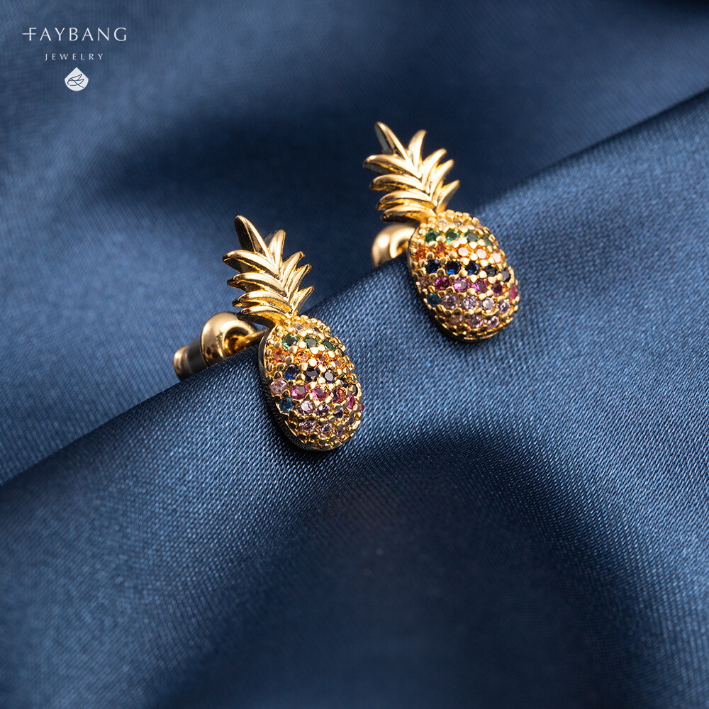 18K Gold Plated Lovely Cubic Zirconia Green And Yellow Crystal Pineapple Charm Stud Earrings
