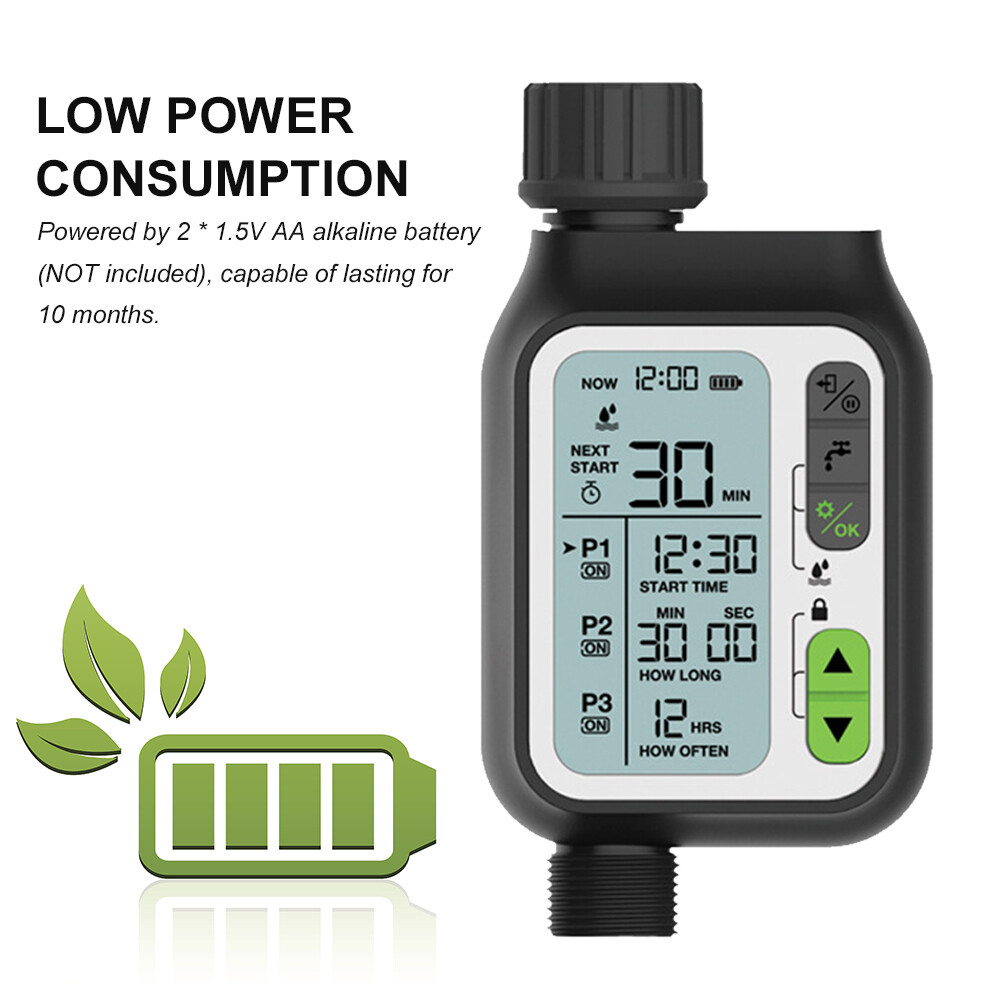 Electronic Irrigation Regulator Automatic Irrigation Timer with Large LCD Screen Waterproof Sprinkler Controller 3 Separate Timing Programs Weak Electricity Protection Rain Sensor Child Lock Outdoor Garden Watering Device Irrigation Tool