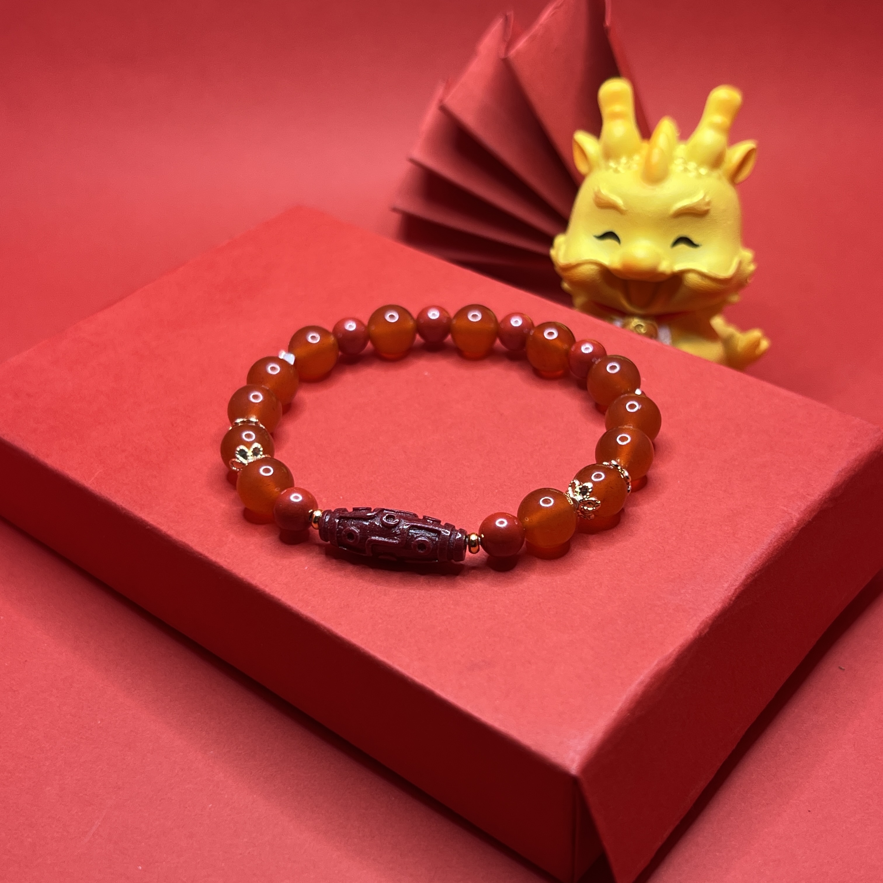 Red Cinnabar Dzi Beads Nine Eye Tashi Bracelet - Natural Crystal