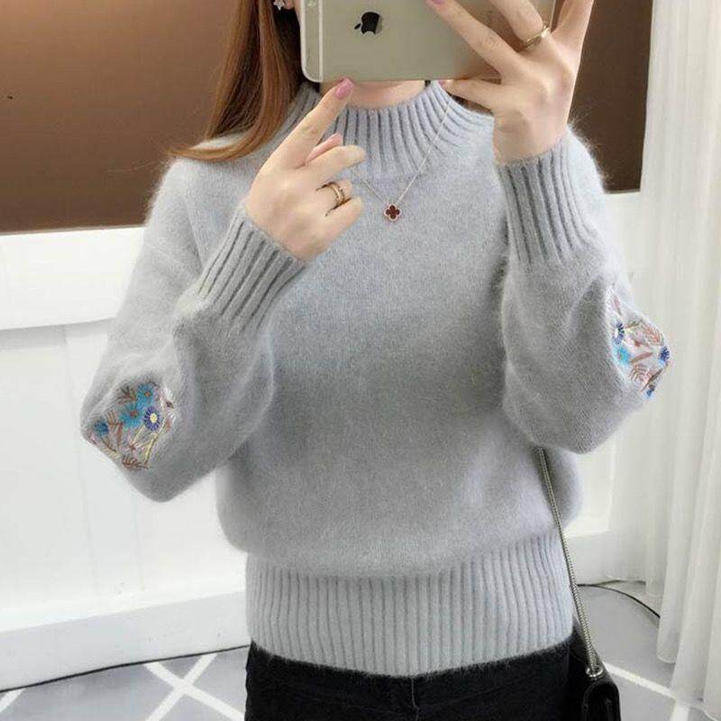 Half-neck sweater women's autumn and winter short embroidery flower long sleeves